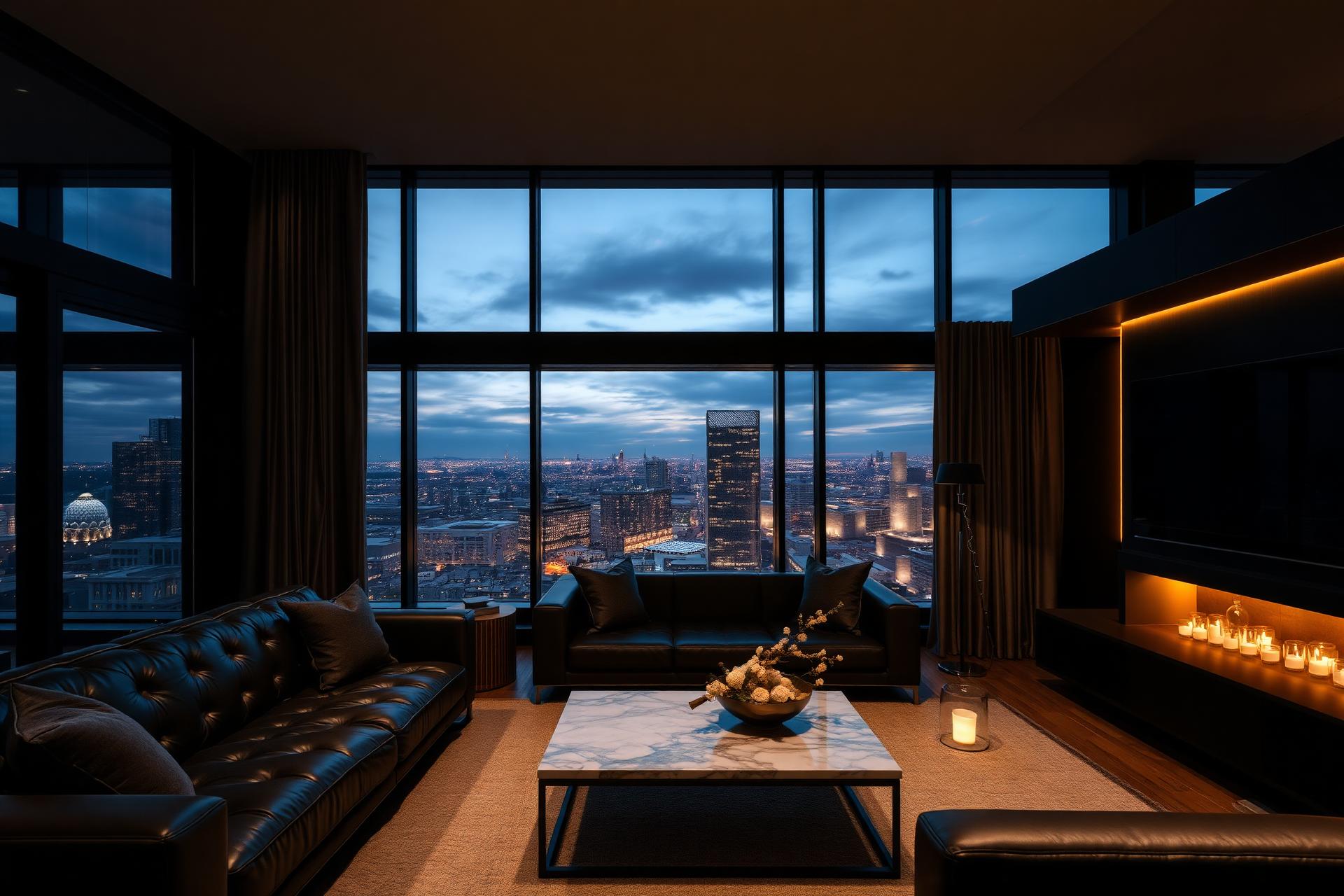 Luxury furnished city suite with skyline view at dusk